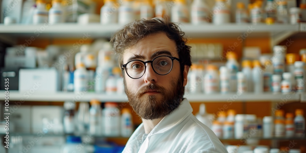 Portrait of a bearded pharmacist with eyeglasses in a laboratory filled with medicine bottles and supplies Portrait of a bearded pharmacist with eyeglasses in a laboratory filled with medicine bottles and supplies