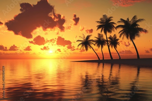 Silhouetted Palm Trees on a Tropical Island at Sunset