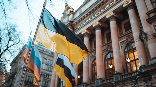 National flag of Ukraine on the facade of building in Lviv, Ukraine photo