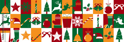 Stylish New Year's Christmas Bauhaus collage. Gift wrap or holiday banner. Seamless pattern.