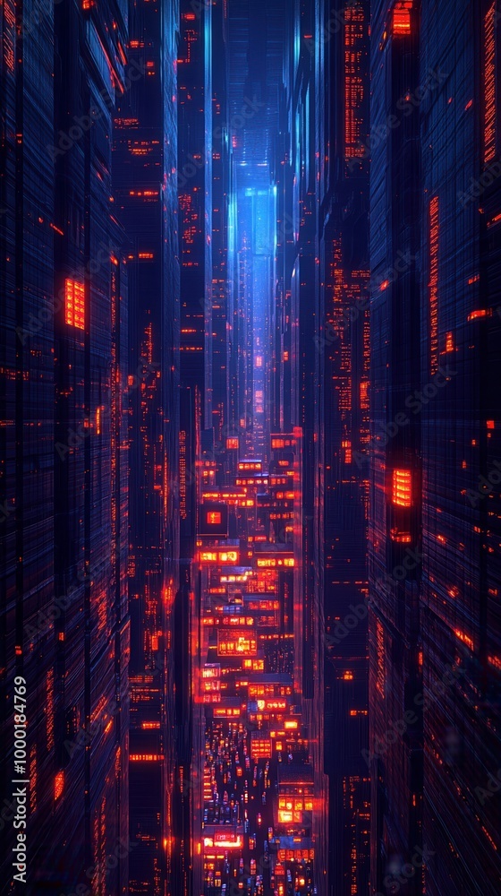 A futuristic view of a digital corridor, illuminated by vibrant blue and orange lights, showcasing advanced technology and data flow. A futuristic view of a digital corridor, illuminated by vibrant blue and orange lights, showcasing advanced technology and data flow.