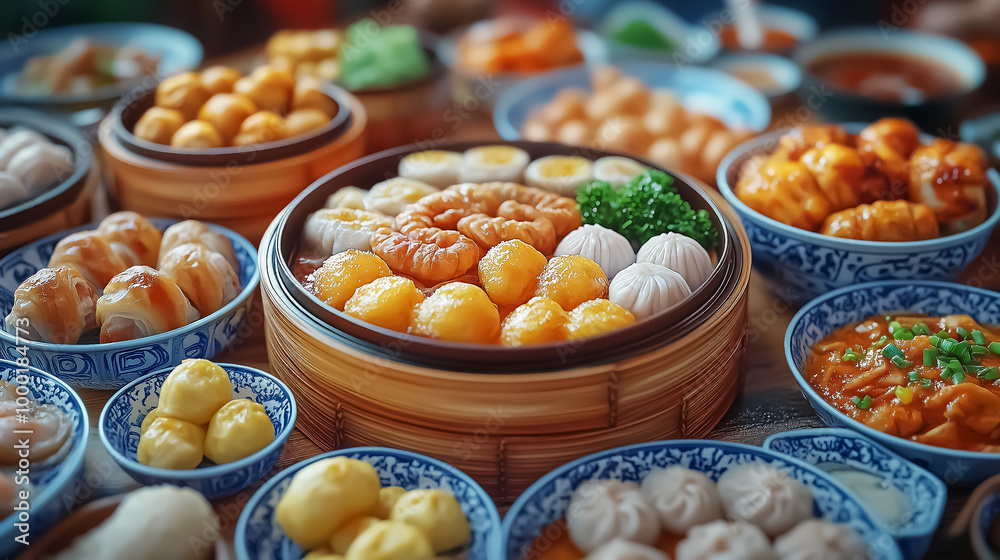 A vibrant brunch display of assorted dim sum in bamboo steamers, perfect for family gatherings and festive celebrations. A vibrant brunch display of assorted dim sum in bamboo steamers, perfect for family gatherings and festive celebrations.