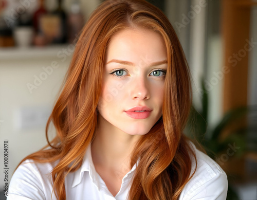 A young, fair-skinned woman with long, wavy red hair and green eyes wearing a white shirt, studio shot