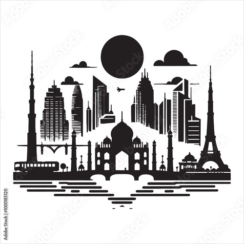 World skyline silhouette illustration with iconic monuments in black and white vector design
