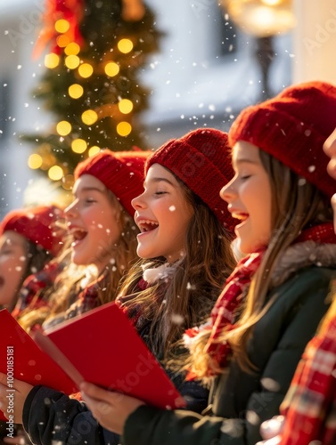 Children singing carols joyfully while wearing red hats and scarves during a snowy holiday celebration in a festive city setting photo
