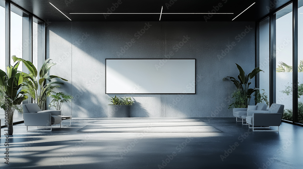 Fototapeta premium Spacious modern lounge area with minimalist design and bulletin board, ideal for corporate presentations or events.