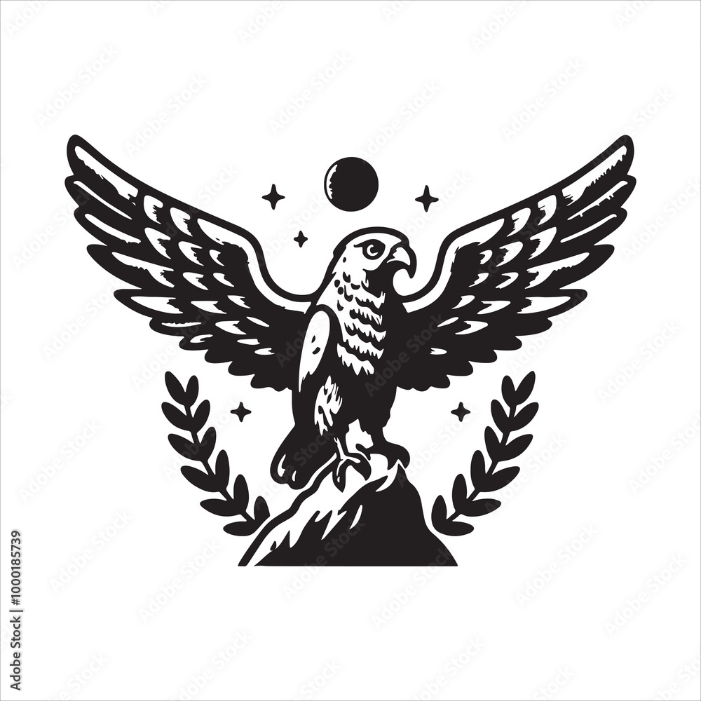 Fototapeta premium Eagle silhouette with wings spread in majestic flight and nature-inspired black and white design