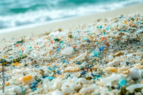 close up of microplastics scattered across a sandy beach, mixed with seashells on an Ocean shoreline background