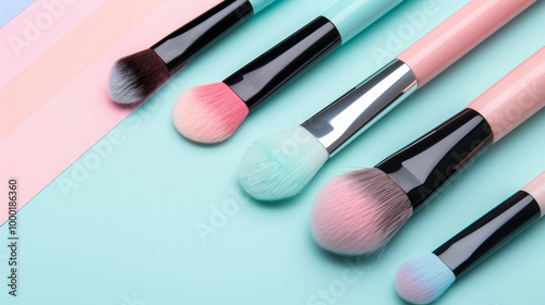 The brushes vary in size and shape, with soft bristles designed for different makeup applications on pastel background