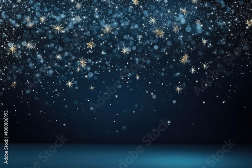 Abstract christmas background with falling snowflakes and sparkling stars on blue background with empty copy space for your text or product