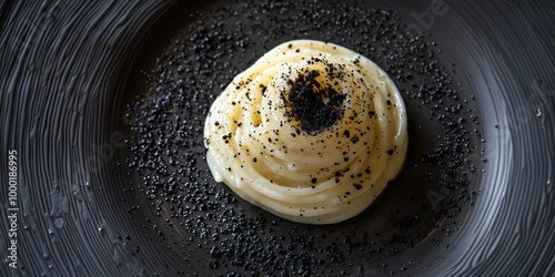 Spaghetti with black pepper and cheese presented on a sleek black plate, cacio e pepe photo