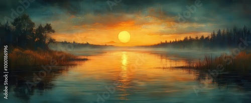 tranquil sunset reflecting on a serene river warm golden hues blending into soft blues creating a peaceful and contemplative atmosphere