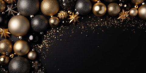 Christmas background with golden and black ornaments and confetti, creating a festive border on a black background with copy space. Banner. Flat lay, top view. Mock up.