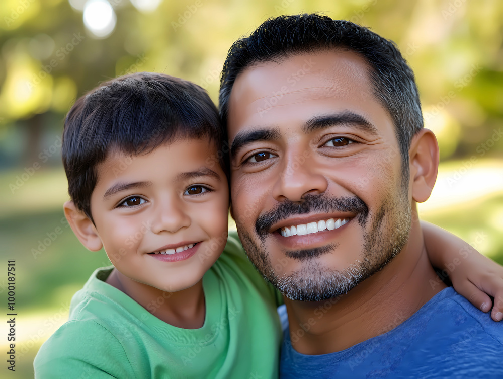 Close-up photo of a happy father and son smiling, with blurry park as the background. Happy father and son portrait, smiling in fun outdoor. Fun memory bounding, fathers day, love, connection, care an Close-up photo of a happy father and son smiling, with blurry park as the background. Happy father and son portrait, smiling in fun outdoor. Fun memory bounding, fathers day, love, connection, care an