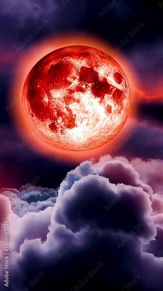 Large fantasy blood moon planet behind dark red clouds in the night sky ...