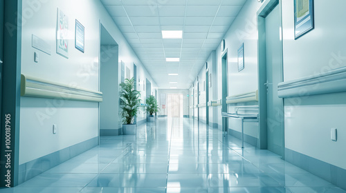 Long hallway with white walls and a white ceiling. The walls are decorated with posters and there is a plant in the middle of the hallway. The hallway is empty and the light is on