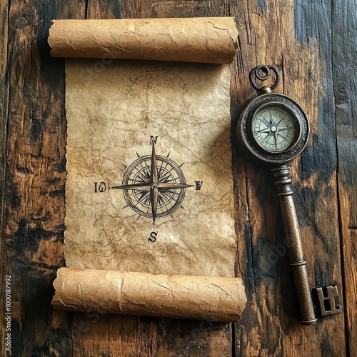 Handmade paper scroll with key and a compass  photo