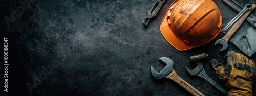 Hardhat  hammer  home improvement  or labor day background concept photo