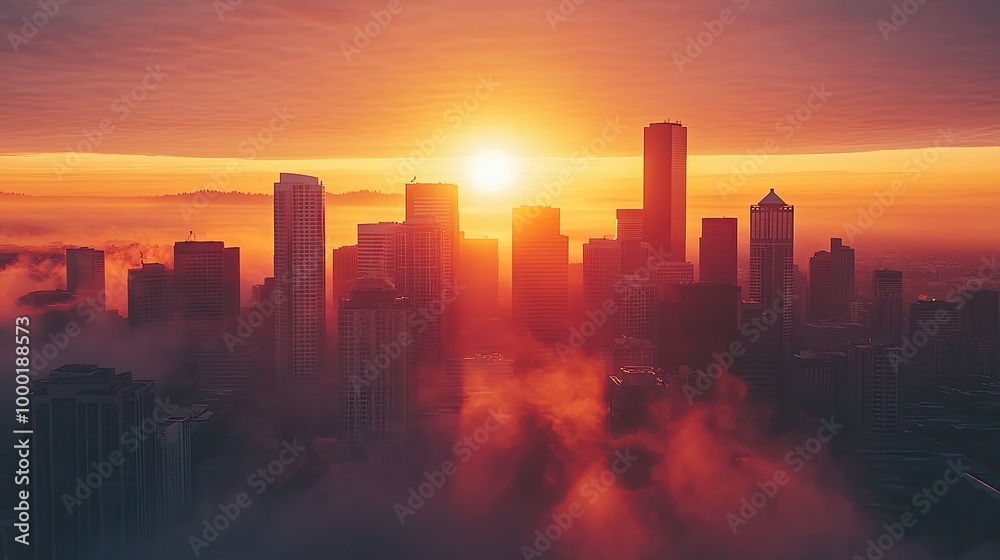 Hazy Sunrise Over Buildings Aerial View Hazy Sunrise Over Buildings Aerial View