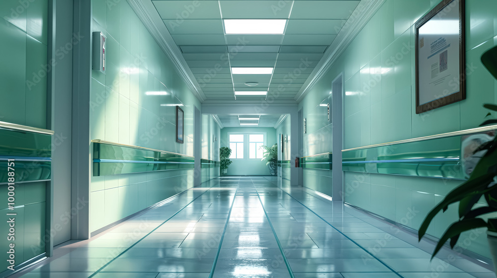 Long hallway with white walls and a white ceiling. The walls are decorated with posters and there is a plant in the middle of the hallway. The hallway is empty and the light is on Long hallway with white walls and a white ceiling. The walls are decorated with posters and there is a plant in the middle of the hallway. The hallway is empty and the light is on