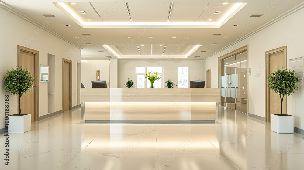 Large lobby with a white counter and a plant. The lobby is very clean and bright, giving off a professional and welcoming atmosphere Large lobby with a white counter and a plant. The lobby is very clean and bright, giving off a professional and welcoming atmosphere
