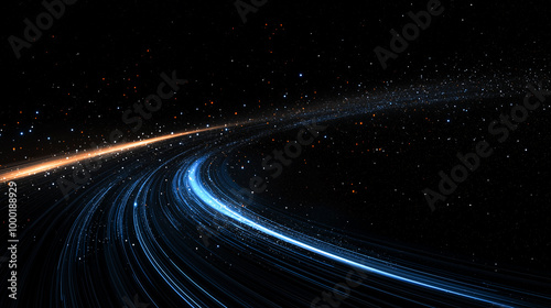 Abstract digital art depicting a cosmic scene with swirling blue and orange light trails against a dark, starry background. The dynamic formation suggests movement and the vastness of space. 