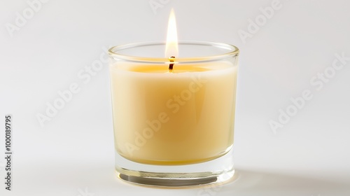 A single, lit candle in a glass jar on a white background.