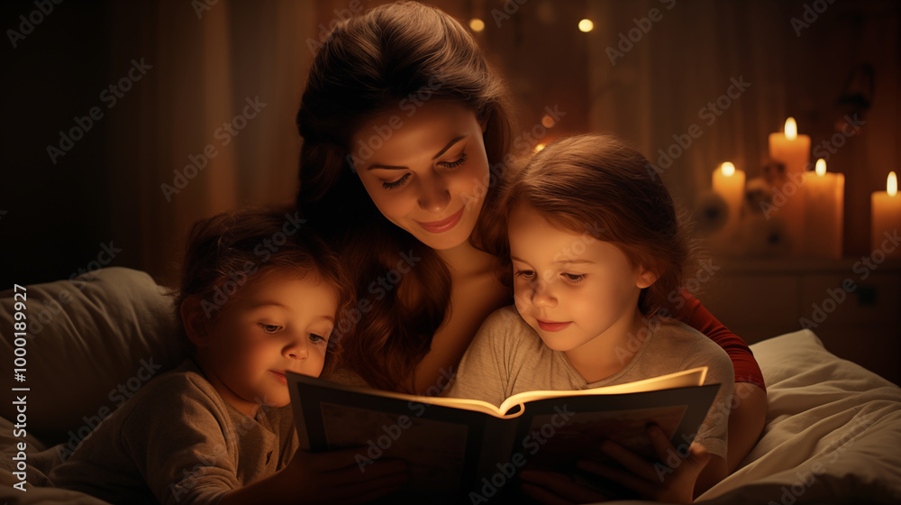 On Mother Day A mother reading a bedtime poem with children On Mother Day A mother reading a bedtime poem with children