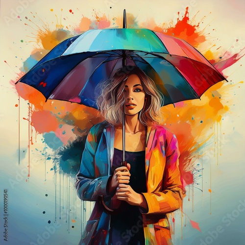 woman holding an umbrella over her head isolated on an artistic colorful background