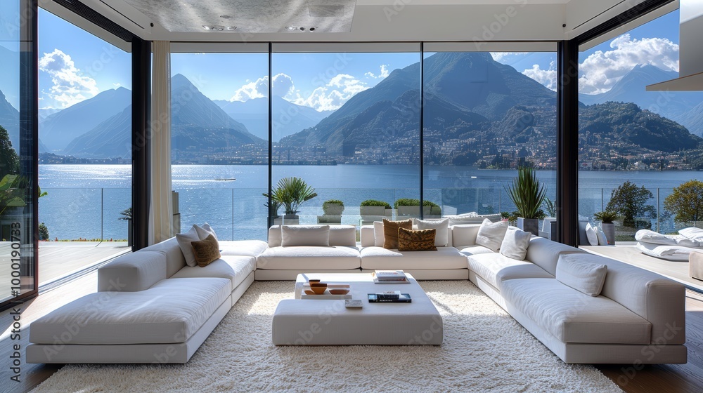 Fototapeta premium Modern living room with white sofa and large windows overlooking the mountains, lake and city. The glass walls have aluminum window frames. The floor is covered with white carpet