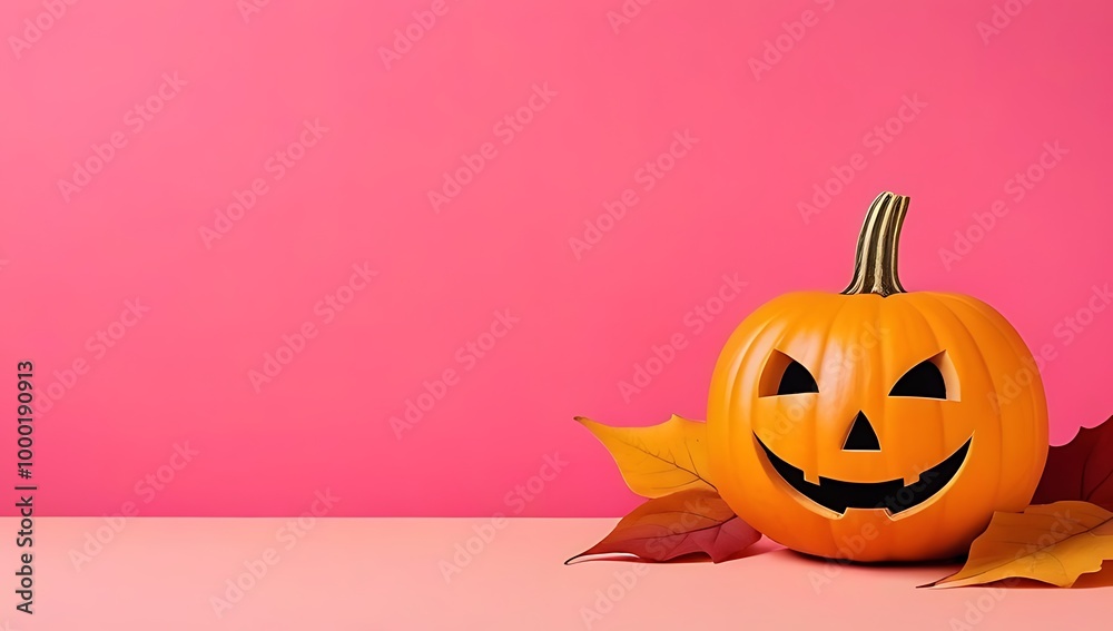 Fototapeta premium pink background with halloween pumpkin smiling colorful autumn space write text decoration