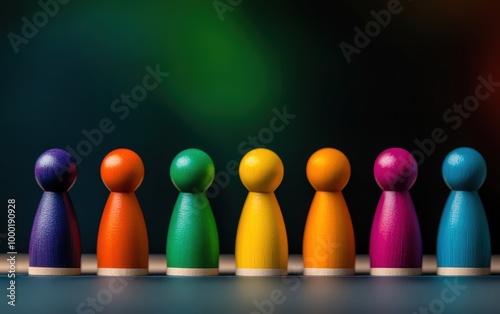 Colorful wooden figurines in a row on a dark blurred background.