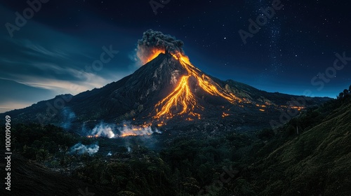 Merapi volcano eruption  hot lava flows on the slope at night photo