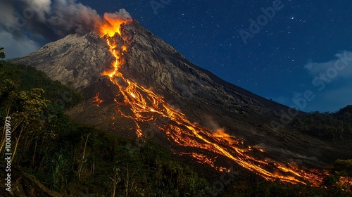 Merapi volcano eruption  hot lava flows on the slope at night photo