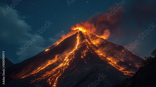 Merapi volcano eruption  hot lava flows on the slope at night photo