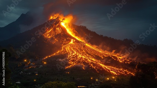 Merapi volcano eruption hot lava flows on the slope at night