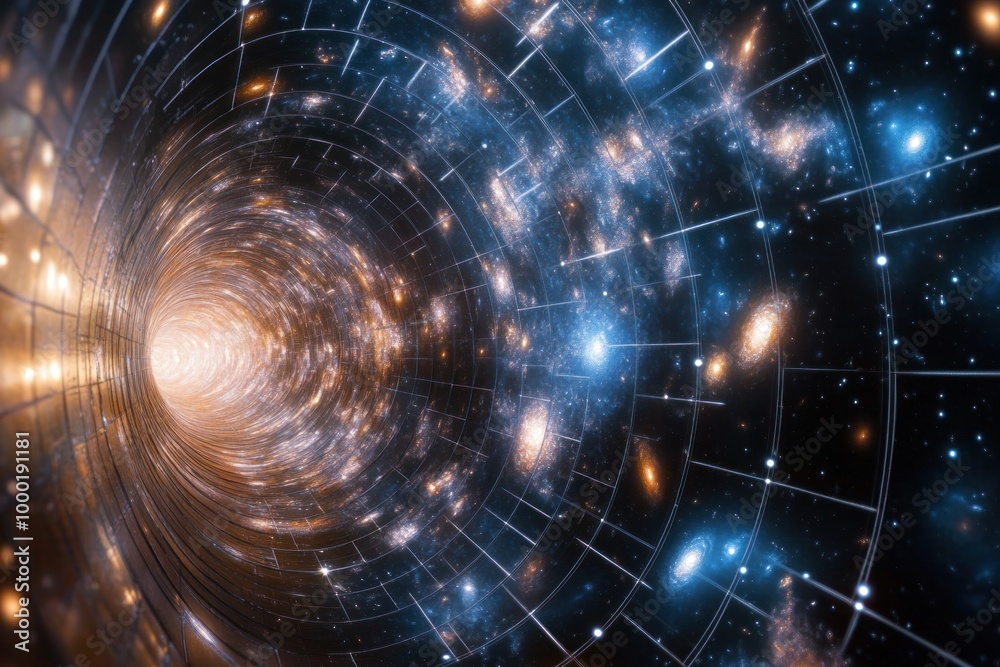 Fototapeta premium A Cosmic Tunnel with Spiraling Galaxies and Star Clusters