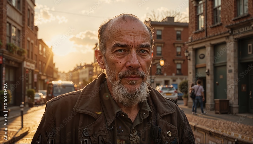 Outdoor portrait of an elderly man with a beard during golden hour, in a city setting, conveying a contemplative and introspective mood