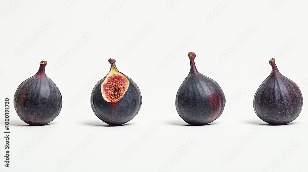 Obraz premium Fresh figs arranged in a row with one sliced open