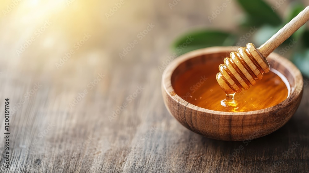 This image showcases golden honey being drizzled from a honey dipper into a wooden bowl, with warm light highlighting the rich color and smooth texture of the honey within a rustic setting. This image showcases golden honey being drizzled from a honey dipper into a wooden bowl, with warm light highlighting the rich color and smooth texture of the honey within a rustic setting.