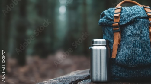 The image depicts a blue backpack and a silver thermos situated on a weathered wooden table outdoors, with an unfocused forest background, creating a rustic, adventurous scene.