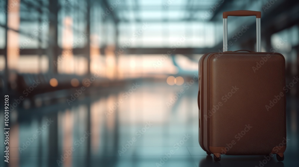 A small, modern suitcase with a trolley handle standing alone on the polished floor of an airport terminal, highlighted by the natural light streaming in through large windows. A small, modern suitcase with a trolley handle standing alone on the polished floor of an airport terminal, highlighted by the natural light streaming in through large windows.