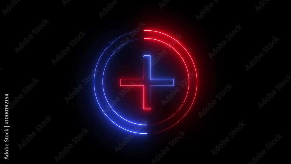 Abstract 3d rendering glowing neon symbol of circle and plus icon on black background. Abstract 3d rendering glowing neon symbol of circle and plus icon on black background.