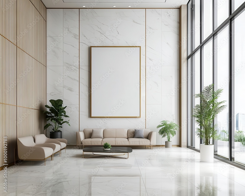 Corporate bank lobby with marble floors, gold accents, large glass windows, and an interactive digital display, Luxurious, warm tones, photorealistic detail Corporate bank lobby with marble floors, gold accents, large glass windows, and an interactive digital display, Luxurious, warm tones, photorealistic detail