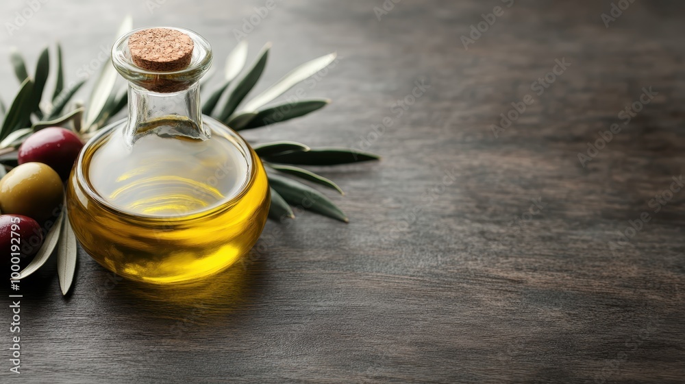 A round glass bottle of olive oil with a cork stopper is placed on a wooden table beside green, yellow, and red olives, surrounded by olive leaves, symbolizing health and purity. A round glass bottle of olive oil with a cork stopper is placed on a wooden table beside green, yellow, and red olives, surrounded by olive leaves, symbolizing health and purity.