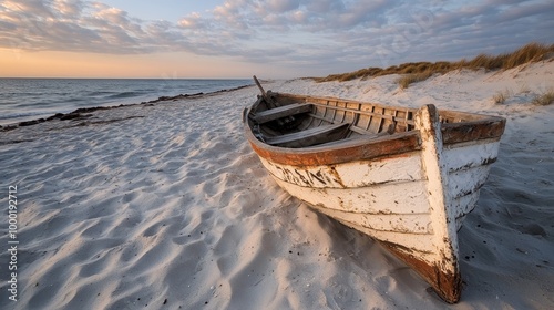 An aged wooden boat lies abandoned on the sandy beach at sunrise, evoking a sense of tranquility and the passage of time. Elements of rustic beauty and serene nature combine. photo