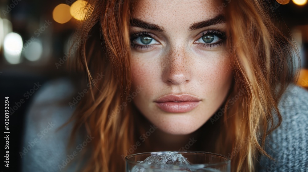 This image depicts a close-up view of a woman with striking green eyes and red hair, showcasing her freckles. The background is softly blurred, emphasizing her captivating features. This image depicts a close-up view of a woman with striking green eyes and red hair, showcasing her freckles. The background is softly blurred, emphasizing her captivating features.