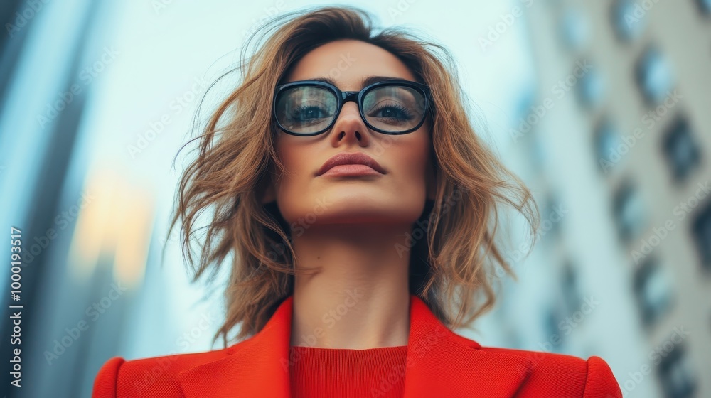 In a cityscape setting, this image portrays a confident woman in a vibrant red outfit, wearing glasses and short hair, giving a powerful and modern impression. In a cityscape setting, this image portrays a confident woman in a vibrant red outfit, wearing glasses and short hair, giving a powerful and modern impression.