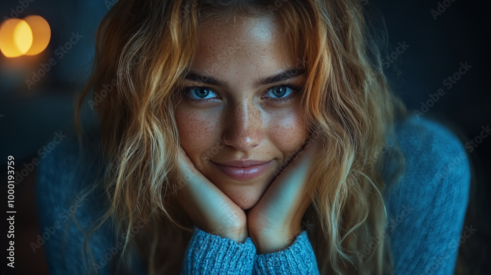 Close-up portrait of young woman with freckles and blue eyes, soft lighting