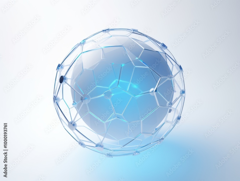 Naklejka premium Transparent spherical structure with interconnected nodes, symbolizing digital integration and futuristic technology in a sleek, modern design.